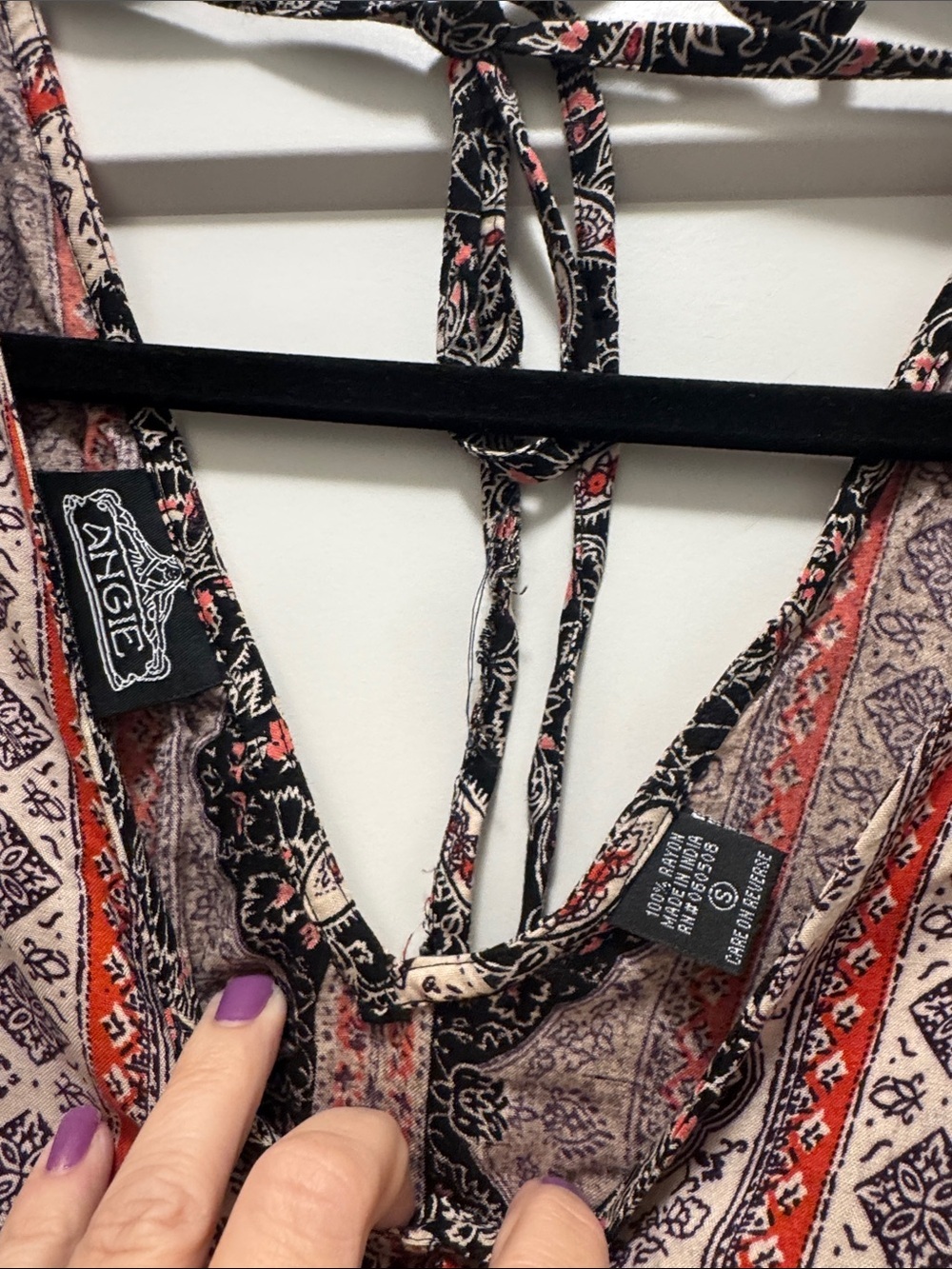 Angie Black Paisley Small V-Neck Romper with Cream & Red Trim and Cinched Waist - Picture 2 of 6